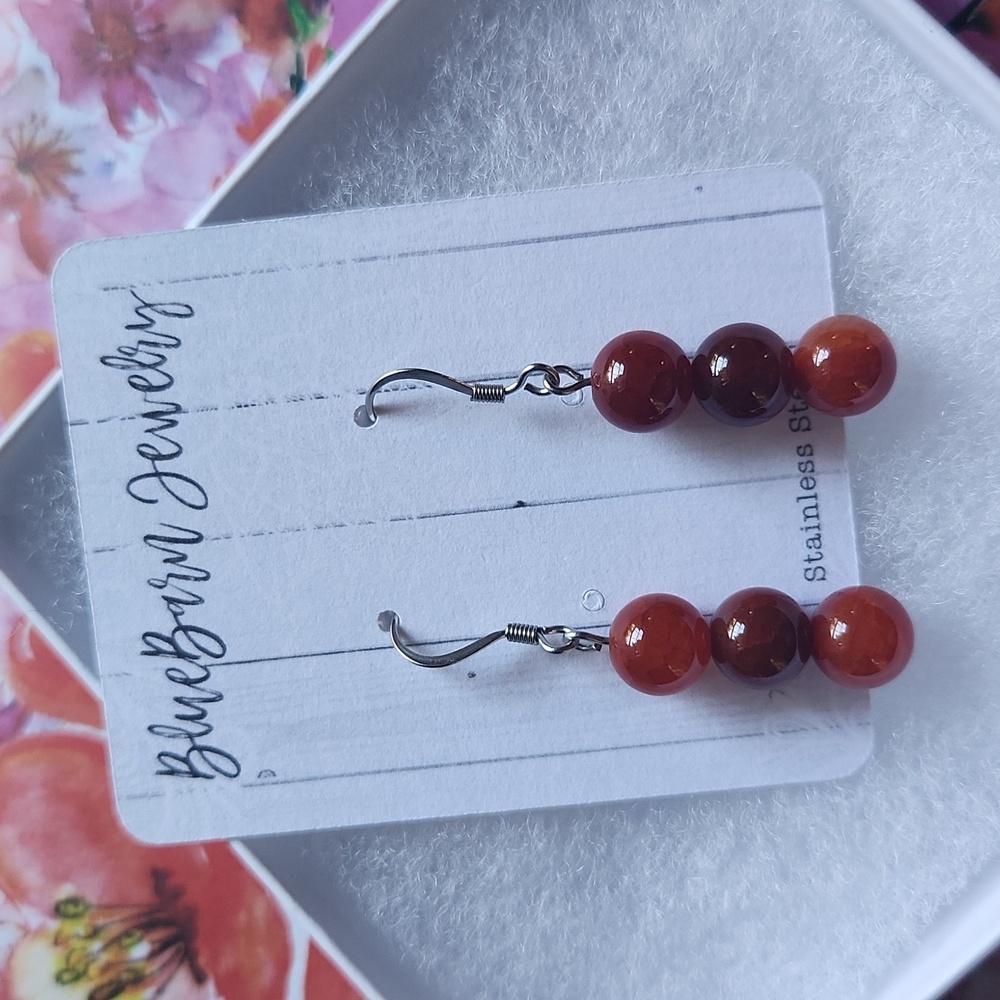 Handmade Red Fire Agate Earrings on Stainless Steel